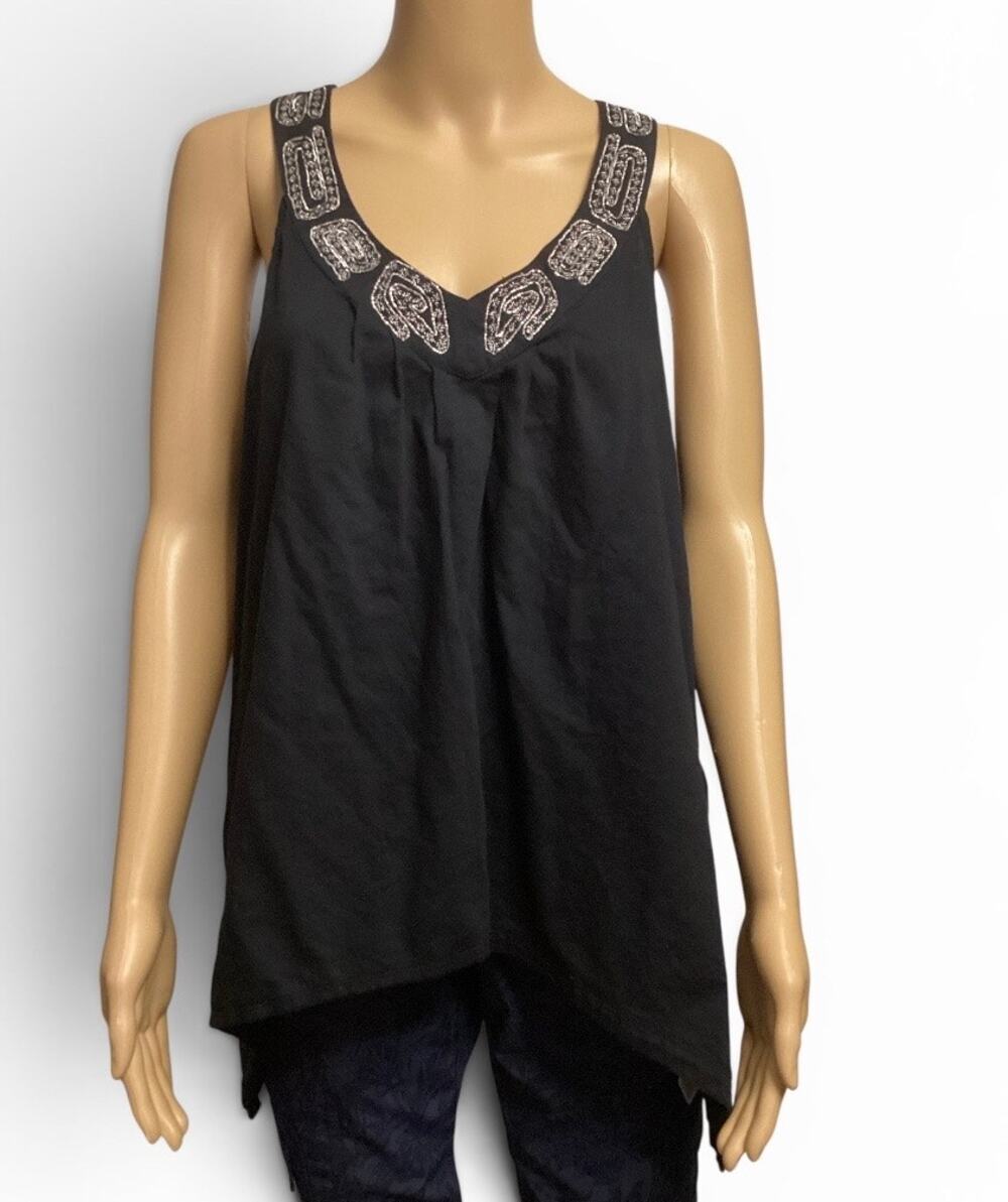 DKNY Black Embellished Handkerchief Hem Tank Top V-Neck Sleeveless Tunic